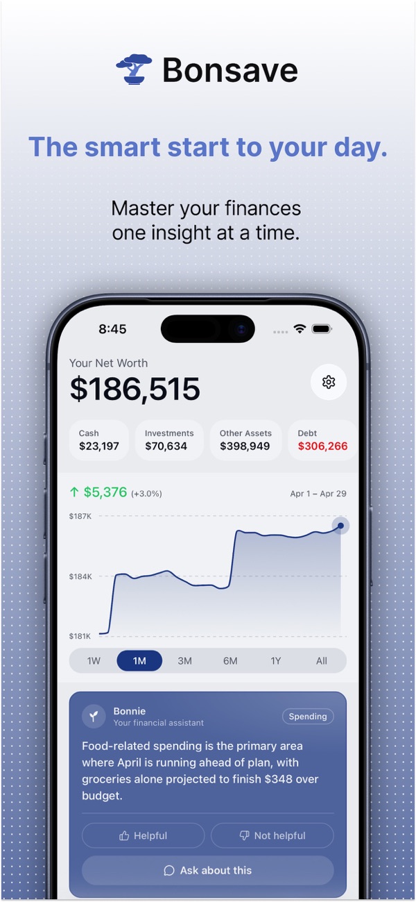 Bonsave iOS home screen showing net worth and daily insight