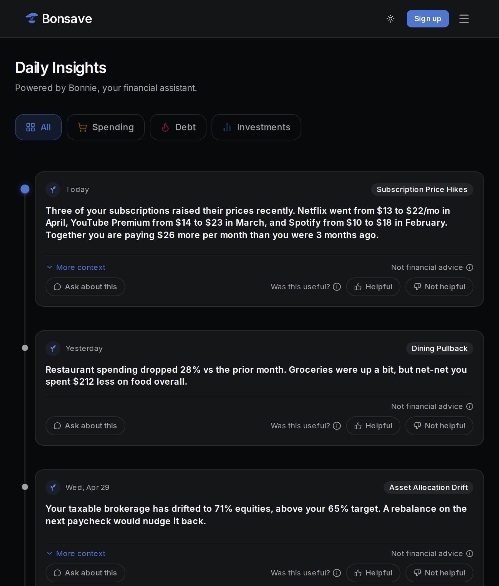 Bonnie, the Bonsave AI assistant, surfacing a daily financial insight