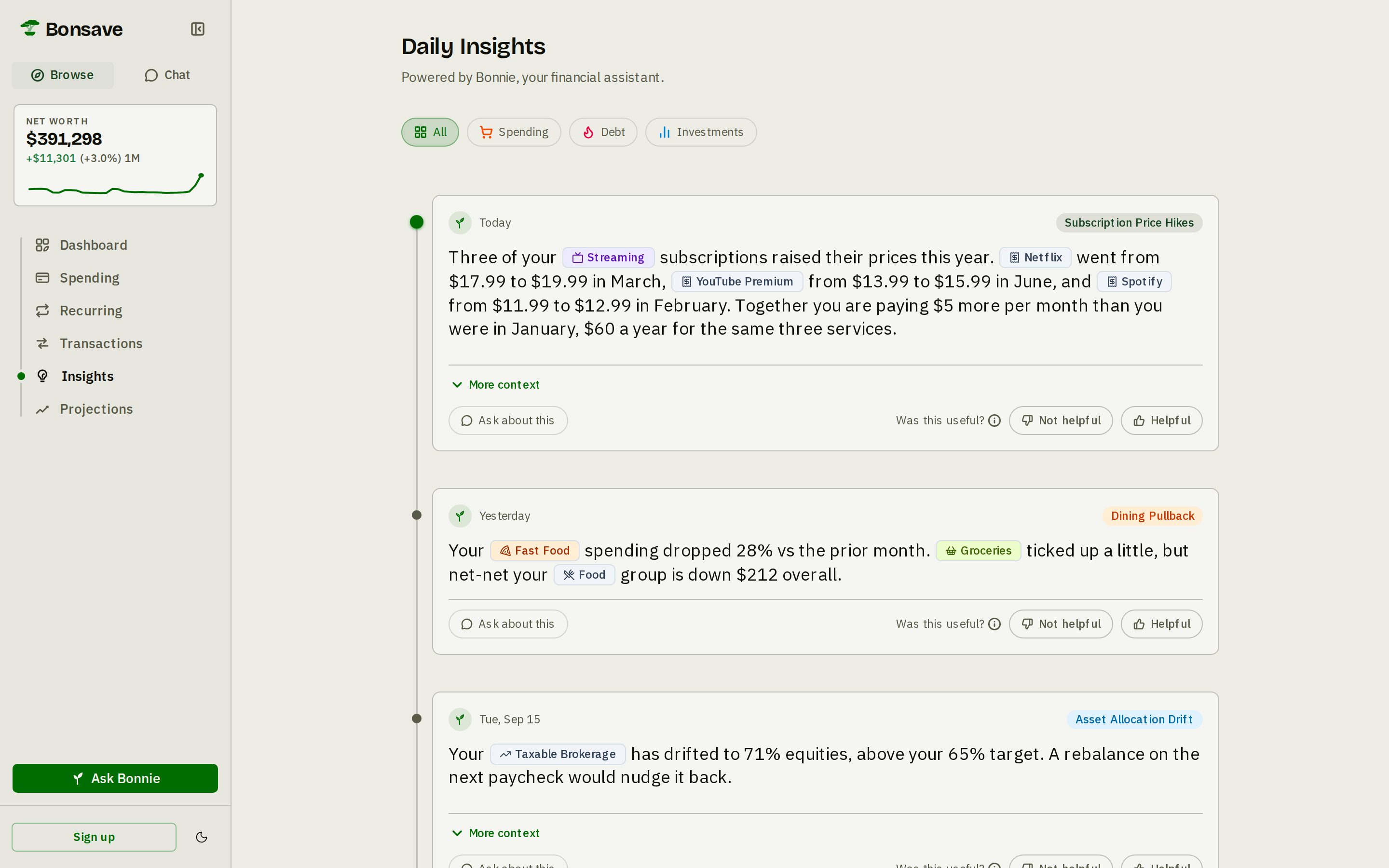 Bonsave daily insights feed with entries about subscription price hikes, a dining pullback, and asset allocation drift